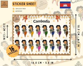 Cambodia - Sheet of Waterproof Stickers (16 Stickers), Khmer outfit, traditional Cambodian | Journal, Water bottle, Laptop, Computer