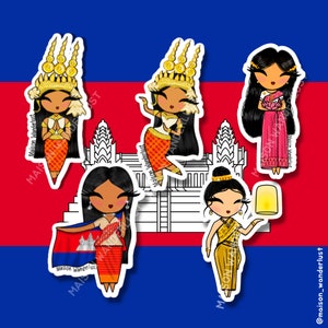 Peut inclure: Cinq autocollants colorés représentant des femmes en costumes traditionnels cambodgiens. Les autocollants sont placés sur un fond représentant le drapeau cambodgien. Les femmes sont représentées dans différentes poses, notamment en train de danser, de tenir une fleur de lotus et de tenir une lanterne. Les autocollants sont parfaits pour ajouter une touche de culture cambodgienne à vos effets personnels.