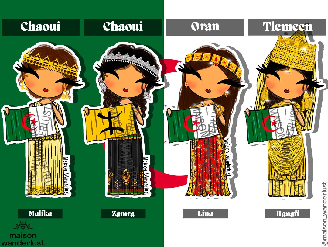 Sticker Algérie Chaoui, Oran & Tlemcen Illustration des tenues  traditionnelles Shimee par Maison Wanderlust -  France