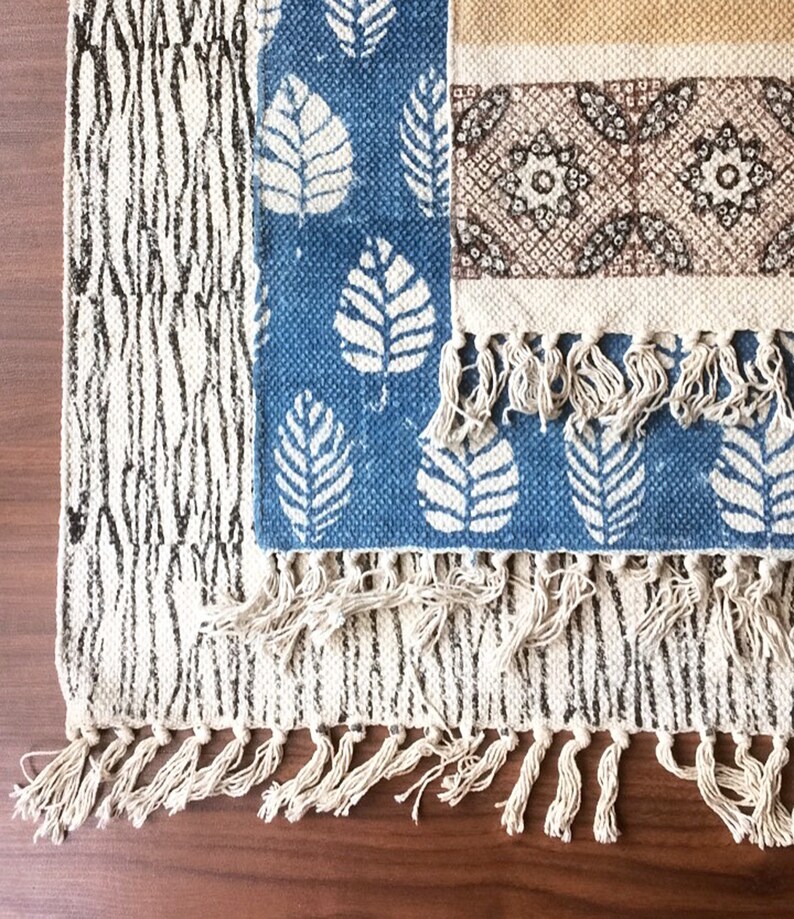 Leaf Cotton Printed Rug Handmade Block Print Denim Faded - Etsy