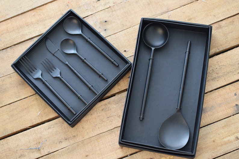 Mat Black Cutlery Set of 5 Set of 2 Serving Spoon Stainless Etsy