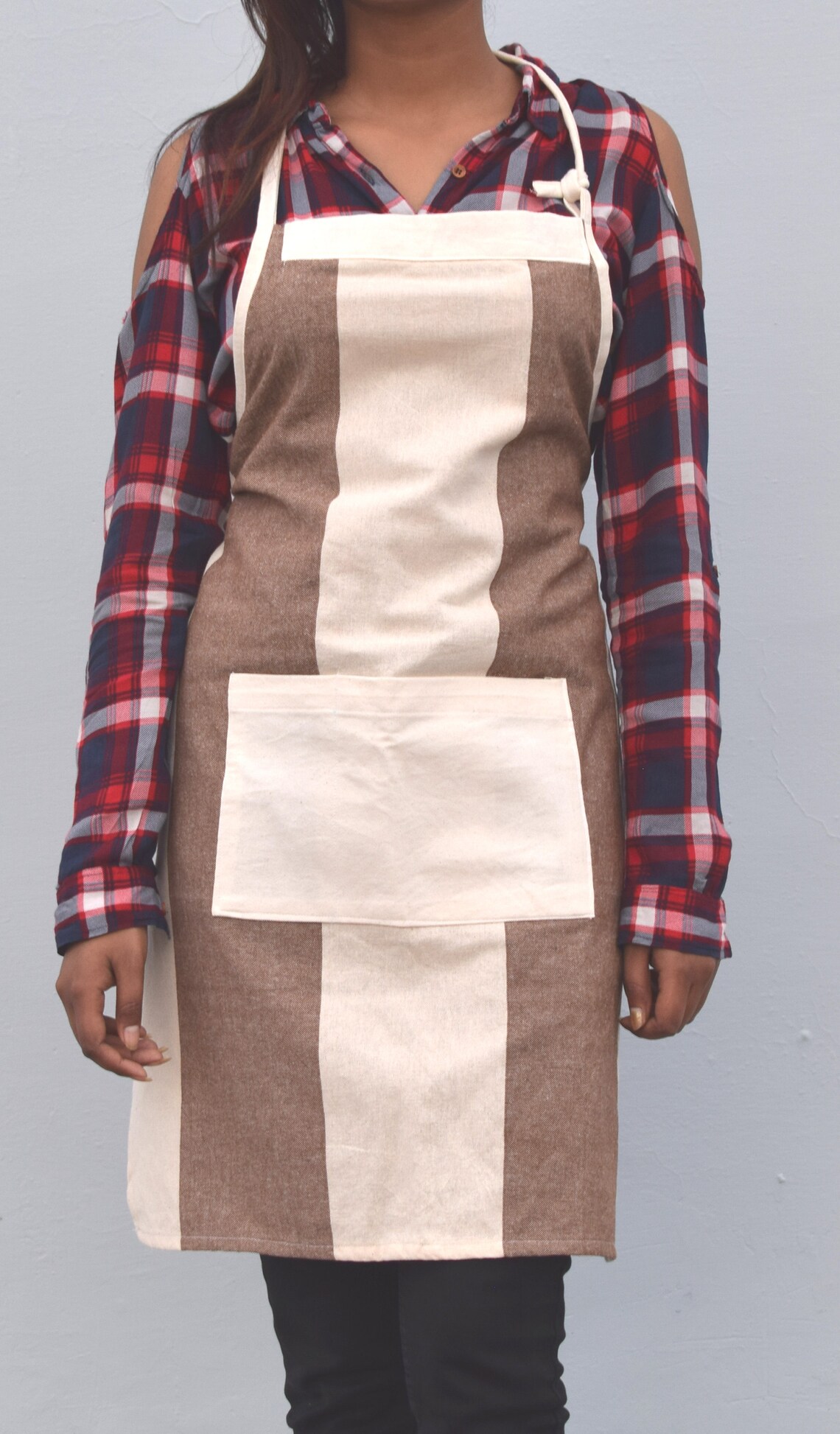 Brown Striped Apron Bordered Cotton Linen Blend Kitchen Etsy