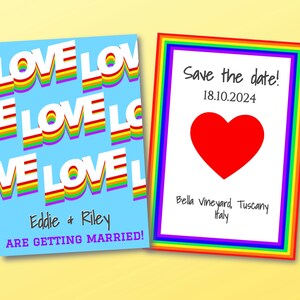 Carte "Retenez cette date" pour mariage arc-en-ciel : un style lumineux, audacieux et moderne, avec le mot LOVE