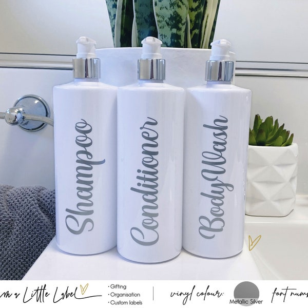 Single or Set of 3 White Bathroom bottles, chrome pumps. Shampoo, Conditioner, Body Wash. Font and vinyl colour choice. Home organisation.