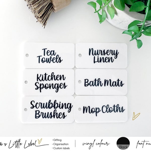 Home organisation customised hang tag Labels. Organised Linen, Kitchen, Office & more! Selection of fonts and  colours. Labels ONLY.