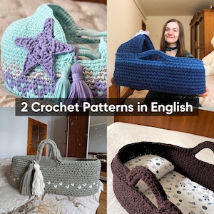Puede incluir: Dos patrones de crochet en inglés. El primer patrón es una cesta de bebé azul claro y morado con un diseño de estrella. El segundo patrón es una cesta de bebé azul oscuro. El tercer patrón es una cesta de bebé verde claro con corazones blancos.