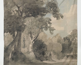 May include: A watercolor painting of a forest scene with trees and a path. The painting is done in shades of brown and gray, with a light blue sky in the background.