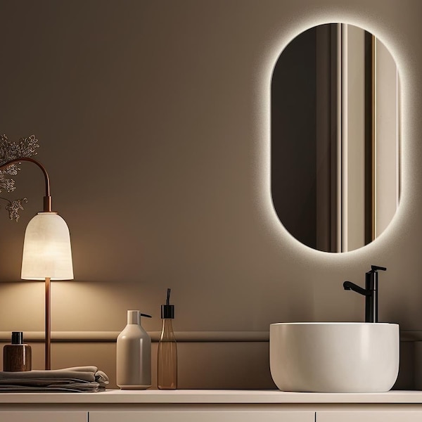 Ovale spiegel met LED I 3 lichtopties I Modern design, originele spiegel, LED-licht, handgemaakte wandspiegel, wandornament, badkamerspiegel