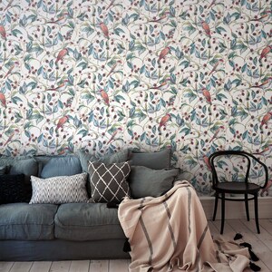 Wall Covering, Berries And Birds Wallpaper,  Blue Wallpaper, Pink Wallpaper, Floral Wallpaper, Botanical Wallpaper, Removable Wallpaper