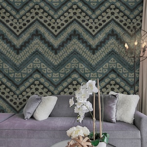 Wall Covering, Aztec Zigzags Wallpaper,  Blue Wallpaper, Black Wallpaper, Aztec Wallpaper, Mosaic Wallpaper, Removable Wallpaper