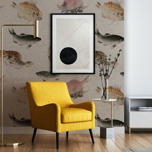 Wall Covering, Sea Fish In The Japanese Woodcut Wallpaper,  Yellow Wallpaper, Orange Wallpaper, Fish Wallpaper, Animal Wallpaper