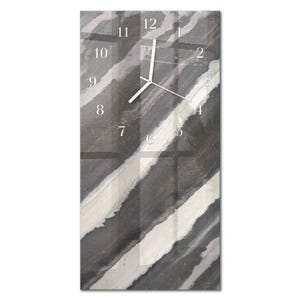 May include: Rectangular wall clock with a marble-effect design. The clock face has a grey and white striped pattern with white numerals and hands. The clock's design is modern and minimalist, suitable for home decor.