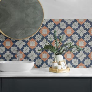 Geometric Floral Pattern Tile Stickers, Blue Peel and Stick Tiles, Tile Stickers, Texture PVC Wall Tiles, Bathroom Tile Stickers