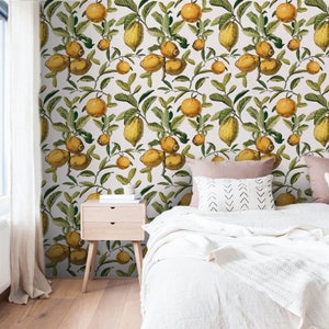 Wall Covering, Citrus Twigs Wallpaper,  Yellow Wallpaper, Green Wallpaper, Floral Wallpaper, Botanical Wallpaper, Removable Wallpaper