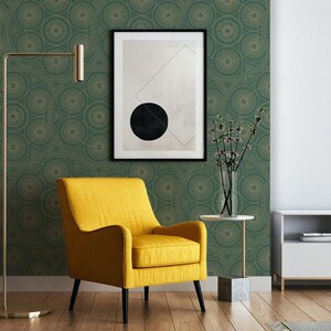 Wall Covering, Geometric Pattern With Circle Wallpaper,  Green Wallpaper, Beige Wallpaper, Geometric Wallpaper, Art Deco Wallpaper