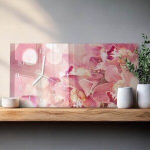 Horloge murale personnalisée orchidées, horloge en verre rose imprimé - Horloge rectangulaire horizontale