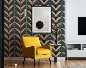 Carta da parati, carta da parati geometrica floreale in stile Art Déco blu navy, carta da parati blu, carta da parati rossa, carta da parati geometrica, carta da parati Art Déco