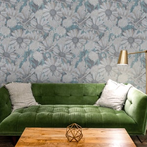Wall Covering, Camomile Meadovintage Wallpaper,  Gray Wallpaper, Blue Wallpaper, Floral Wallpaper, Etno Wallpaper, Bedroom Wallpaper