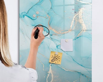 Decorative Marble Magnetic Board, Photo Wall Display, Turquoise Memo Board, To Do List For Wall Abstraction Pattern, Marker + Sponge