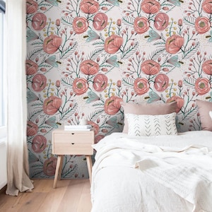 Wall Covering, Light Red Poppies Wallpaper,  Pink Wallpaper, Blue Wallpaper, Floral Wallpaper, Botanical Wallpaper, Removable Wallpaper