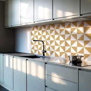 Geometric Triangles In Squares Tile Stickers, Orange Self Adhesive Tiles, Tile Stickers, Abstraction PVC Wall Tiles, Wall Tile Stickers