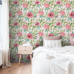 Wall Covering, Watercolor Pink Roses Wallpaper,  Green Wallpaper, Pink Wallpaper, Floral Wallpaper, Botanical Wallpaper, Boho Decor