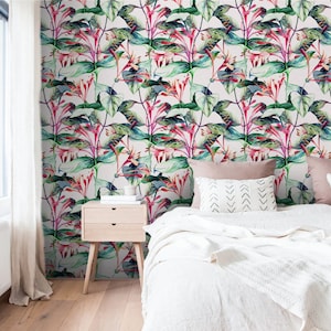 Wall Covering, Watercolor Pink Fowers Wallpaper,  Green Wallpaper, Pink Wallpaper, Floral Wallpaper, Botanical Wallpaper, Boho Decor