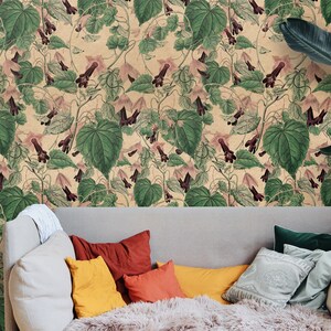 Wall Covering, Ivy With Bell Flowers Wallpaper,  Green Wallpaper, Pink Wallpaper, Floral Wallpaper, Botanical Wallpaper, Boho Decor