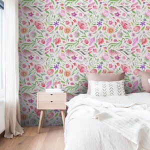 Wall Covering, Watercolor Flowers On The Field Wallpaper,  Pink Wallpaper, Green Wallpaper, Floral Wallpaper, Botanical Wallpaper
