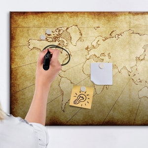 Tablero magnético con mapa antiguo del mundo, rastreador de viajes, mapa de viajes amarillo, rastreador de viajes con mapa de lugares visitados, marcador de borrado en seco