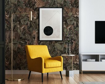 Wall Covering, Wildlife Safari Jungle Animals Wallpaper,  Green Wallpaper, Brown Wallpaper, Jungle Wallpaper, Animal Wallpaper