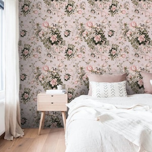 Wall Covering, Bouquet Of Roses Light Pastel Colours Wallpaper,  Green Wallpaper, Pink Wallpaper, Floral Wallpaper, Botanical Wallpaper
