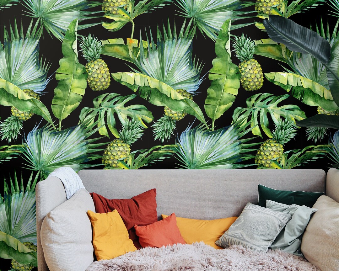 Wall Covering, Green Pineapple Wallpaper, Green Wallpaper, Blue