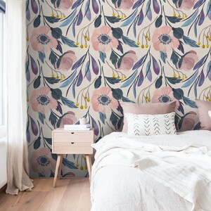 Wall Covering, Field Flowers With Yello Wallpaper,  Pink Wallpaper, Blue Wallpaper, Floral Wallpaper, Botanical Wallpaper