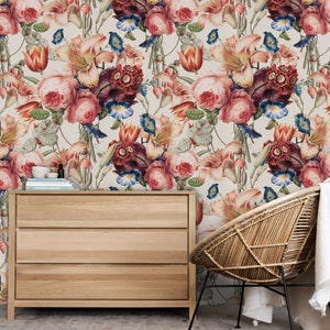 Wall Covering, Classic Blossom Bouquet Wallpaper,  Pink Wallpaper, Blue Wallpaper, Floral Wallpaper, Botanical Wallpaper, Boho Decor