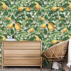 Wall Covering, Lemon Tree, Leaves Flowers Wallpaper,  Green Wallpaper, Yellow Wallpaper, Floral Wallpaper, Botanical Wallpaper