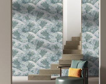 Wall Covering, Japanese Art Teal Waves Sea Foam Wallpaper,  Blue Wallpaper, Gray Wallpaper, Waves Wallpaper, Japanese Wallpaper