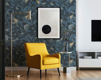Wandbekleding, behang kraanvogels tussen bladeren, blauw behang, geel behang, vogelbehang, dierenbehang, muurdecoratie, behang