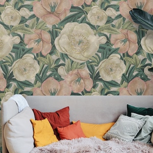 Wall Covering, Flowers Botanical Pattern Wallpaper,  Green Wallpaper, Pink Wallpaper, Floral Wallpaper, Botanical Wallpaper