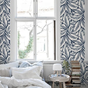 Wandverkleidung, minimalistisches Muster mit Blättern, beige Tapete, blaue Tapete, Blätter-Tapete, Pflanzen-Tapete