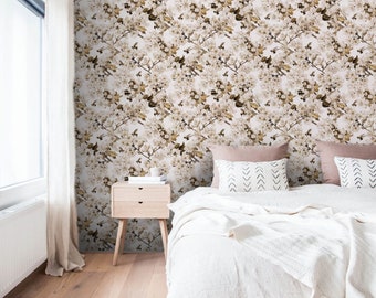 Wall Covering, Spring White Tree With Flying Bees Wallpaper,  White Wallpaper, Beige Wallpaper, Floral Wallpaper, Botanical Wallpaper