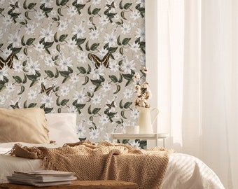 Wandbekleding, witte clematis met vlinders, beige behang, groen behang, vlinderbehang, dierenbehang,