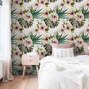 Wall Covering, Exotic Watercolour Flowers Wallpaper,  Green Wallpaper, Beige Wallpaper, Floral Wallpaper, Botanical Wallpaper