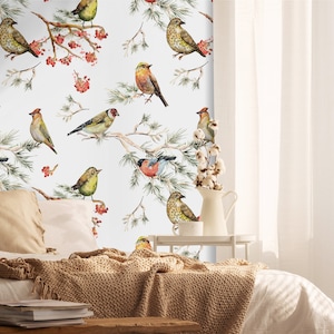 Wall Covering, Forest Birds On A Branch Wallpaper,  Yellow Wallpaper, Orange Wallpaper, Bird Wallpaper, Animal Wallpaper, Wall Decor