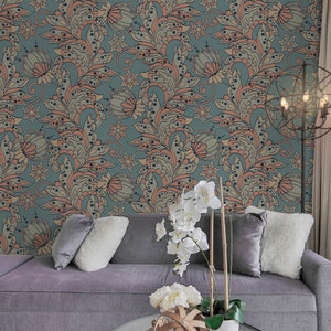 Wall Covering, Flowers Of The Orient Pastel Colour Wallpaper,  Orange Wallpaper, Blue Wallpaper, Oriental Wallpaper, Mosaic Wallpaper