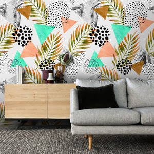 Wall Covering, Geometric Shape With Palms Wallpaper,  Orange Wallpaper, Green Wallpaper, Abstract Wallpaper, Mosaic Wallpaper
