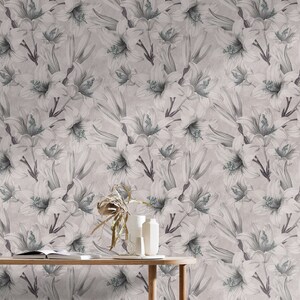Wall Covering, Creamy Lilies Flowers Wallpaper,  Gray Wallpaper, Beige Wallpaper, Floral Wallpaper, Etno Wallpaper, Removable Wallpaper