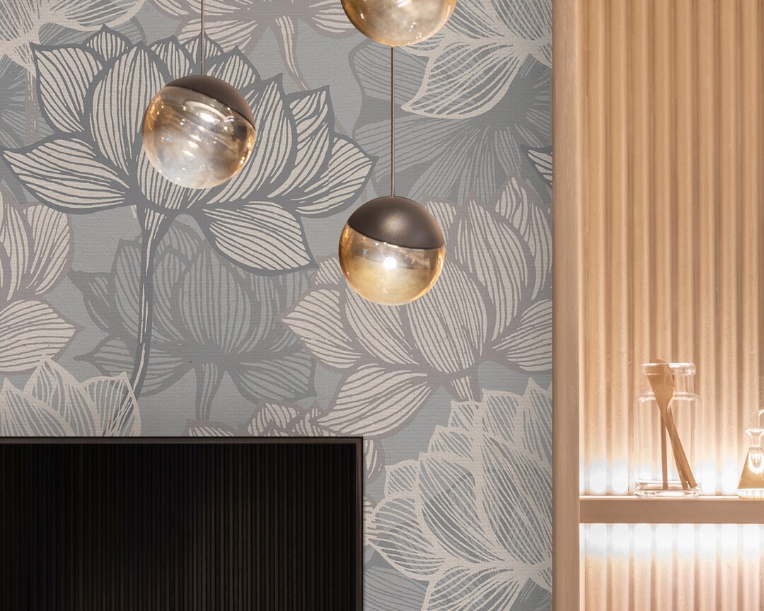 Wall Covering, Art Deco Flower Wallpaper, Gray Wallpaper, Beige