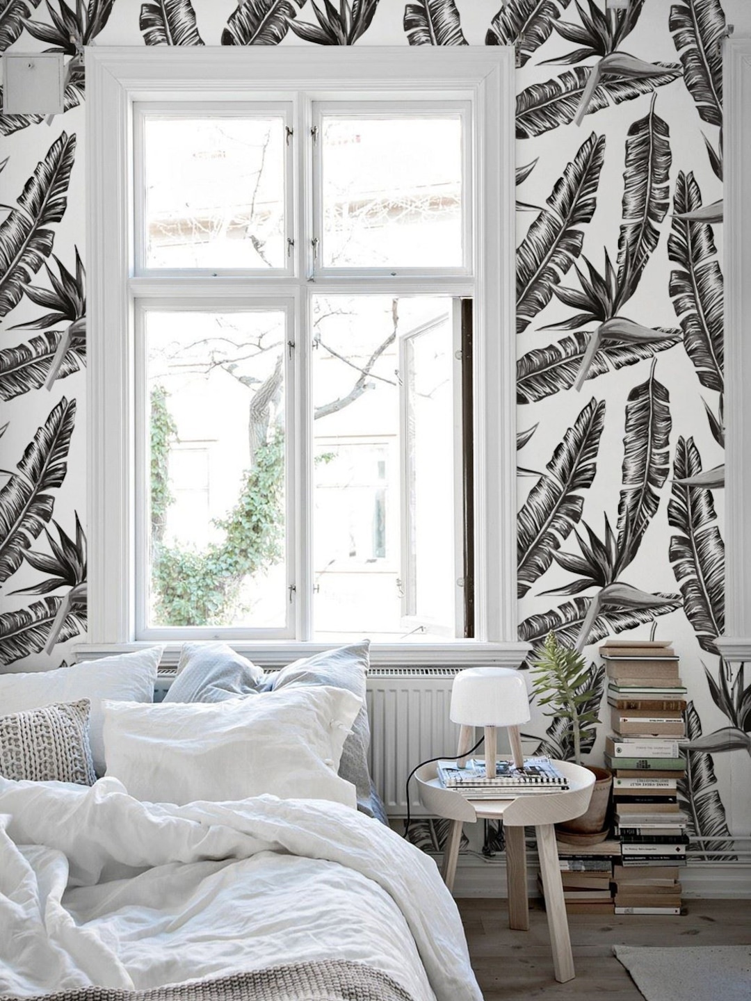 Wall Covering, Black and White Leaves Wallpaper, White Wallpaper, Black — free download