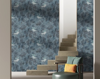 Wall Covering, Night Birds Navy Blue Wallpaper,  Blue Wallpaper, Gray Wallpaper, Floral Wallpaper, Boho Wallpaper, Bedroom Wallpaper